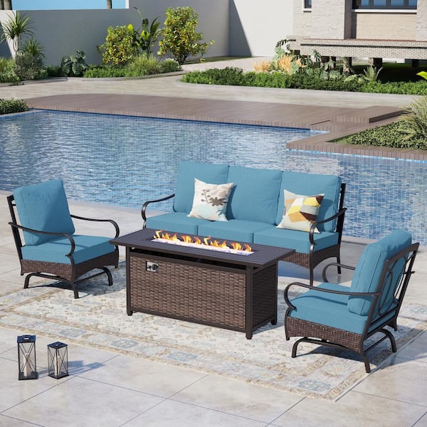 PHI VILLA Rattan 4-Piece 5 Seat Metal Outdoor Patio Conversation Set with Denim Blue Cushions, Motion Sofas and Fire Pit Table