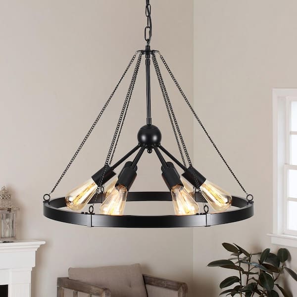 6-Light Black Circle Wagon Wheel Chandelier Sputnik Linear Chandelier Lighting for Kitchen Island