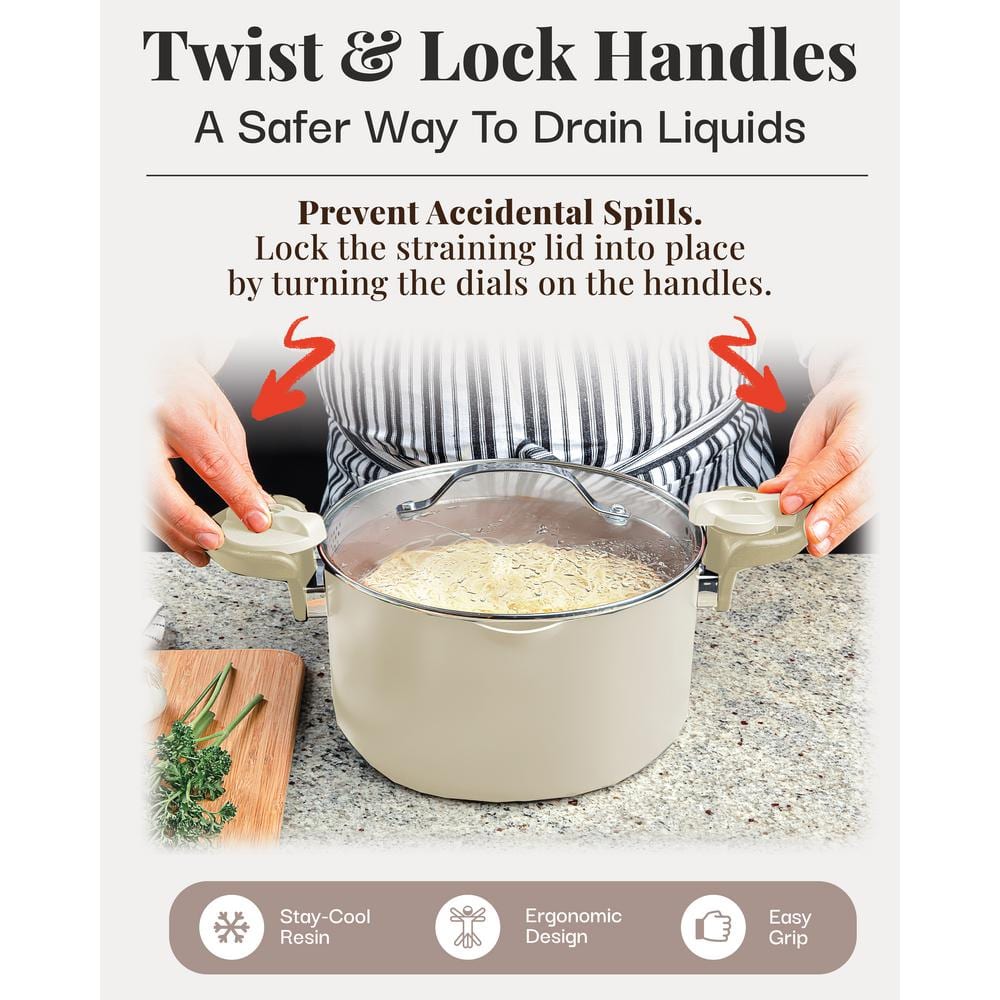 Cream Aluminum 5 Qt Nonstick Pasta Pot with Strainer Lid