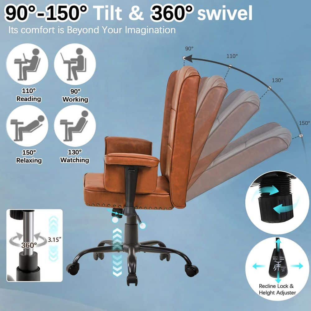 High Back Office Chair Faux Leather Wheels Task Chair in Brown Style 2 with Adjustable Armrests-Swivel Desk Chair - Thumbnail 5