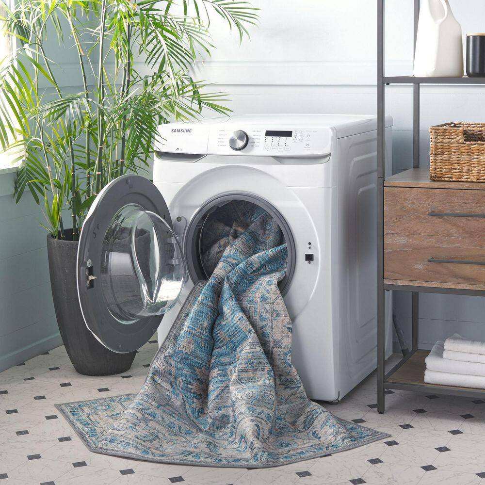 Arizona Gray and Turquoise Synthetic Washable Area Rug