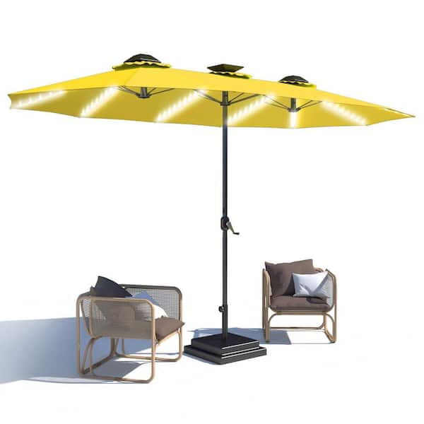 15 ft. Outdoor Large Double Market Patio Umbrella with Solar Lights, LED Lights and Crank Handle in Yellow