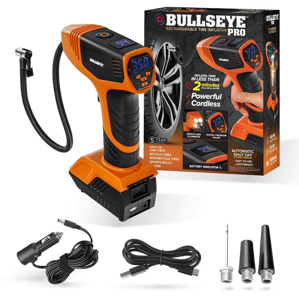 Bell + Howell BULLSEYE Pro 150 PSI Cordless Handheld Rechargeable Tire Inflator with Digital Pressure Gauge and Battery Indicator