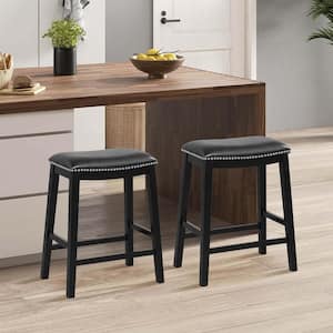 26 in. Black Wood Bar Stool Counter Height Saddle Stools with Upholstered Seat Set of 2