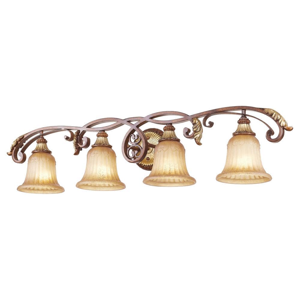 Verona Bronze & Aged Gold Leaf 4-Light Vanity with Rustic Art Glass