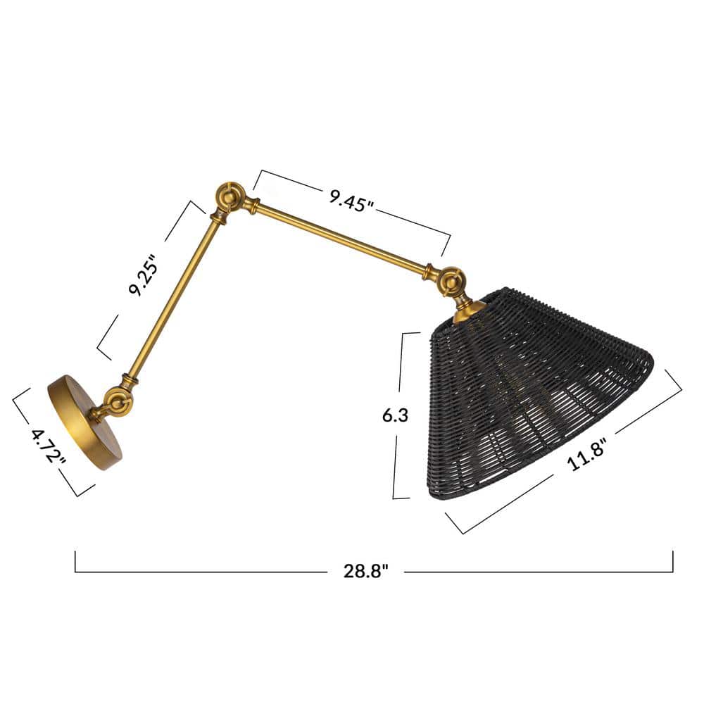 Adjustable Antique Brass Wall Sconce with Black Woven Rattan Shade