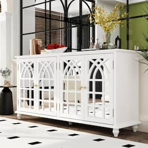 White Wooden 63 in. W, Mirrored Accent Strorage Cabinet, Sideboard with 4 Shelves and 4 Elegant Feet