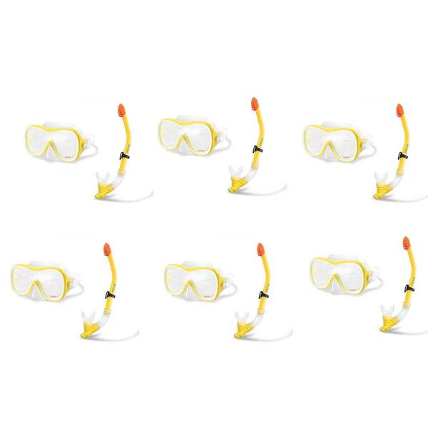 Intex Yellow Wave Rider Hypoallergenic Plastic Latex Free Mask and Easy Flow Snorkel Set (6-Pack)