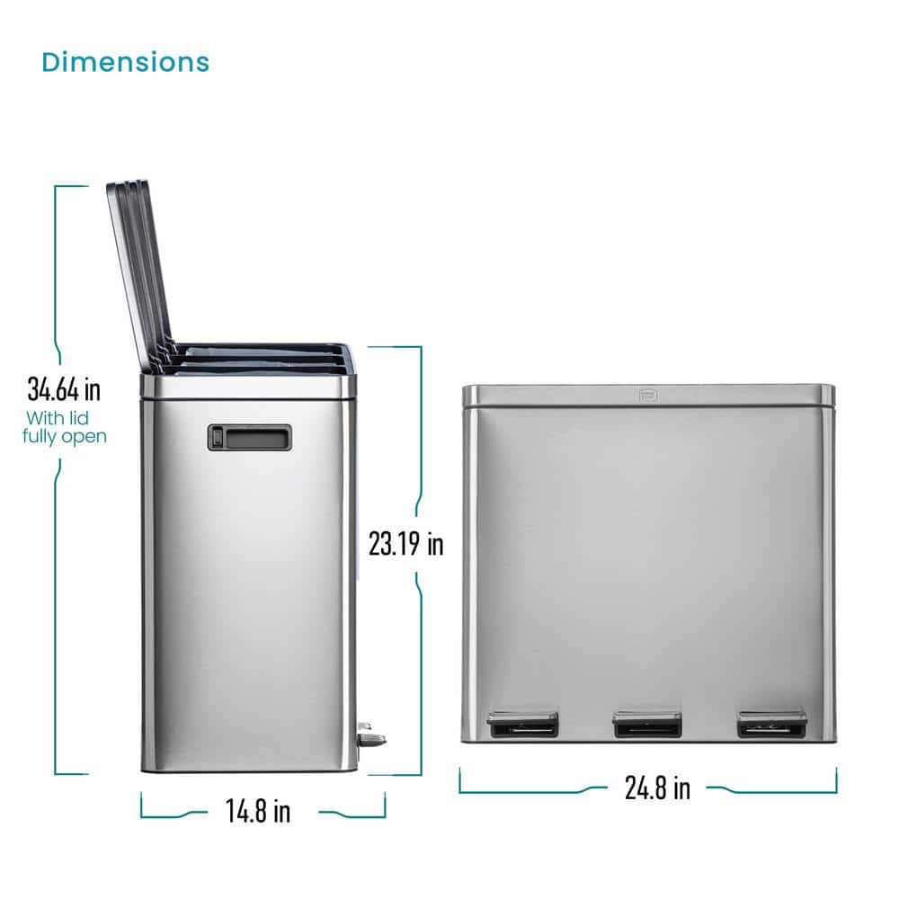 15.9 Gallon Stainless Steel Triple Compartment Pedal Trash Can