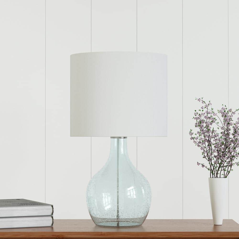 22.38" Blue Bubble Glass Table Lamp with White Shade
