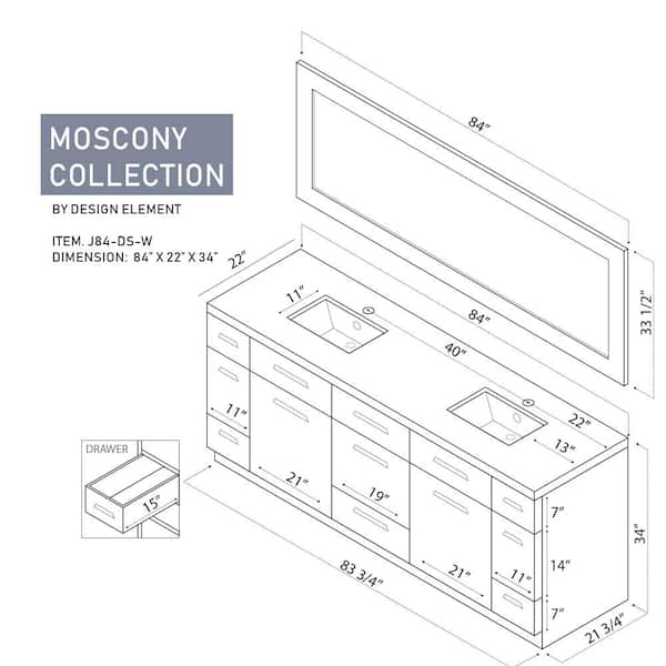 Design Element Moscony 84 In W X 22 D Double Vanity White With Quartz Stone Top And Mirror J84 Ds The Home Depot - Double Vanity Bathroom Sizes