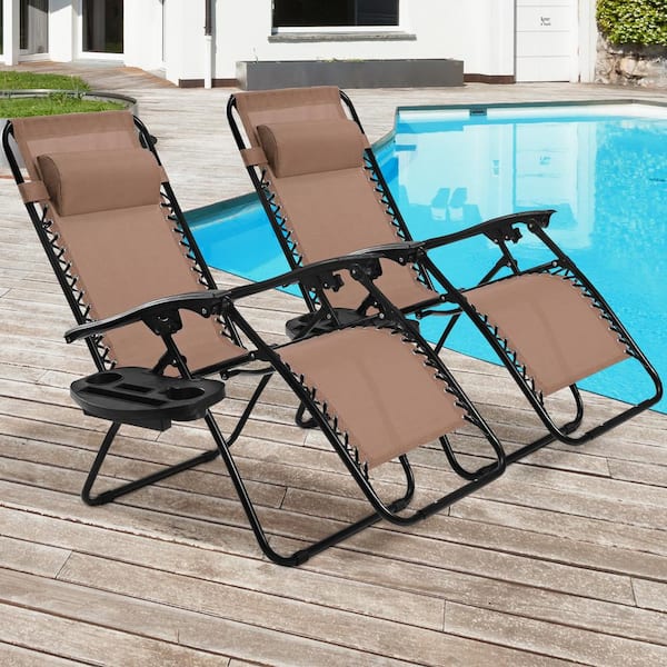 Unbranded Outdoor 2 Pieces Metal Zero Gravity Folding Lawn Lounge Chair, Brown