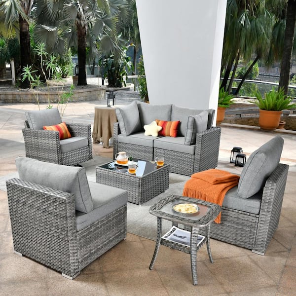 Toject Sanibel Gray 7-Piece Wicker Patio Conversation Sofa Sectional Set with a Swivel Chair and Dark Gray Cushions