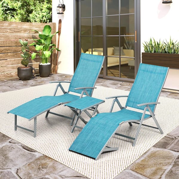 Crestlive Products 3-Piece Metal Outdoor Chaise Lounge in Blue with Side Table