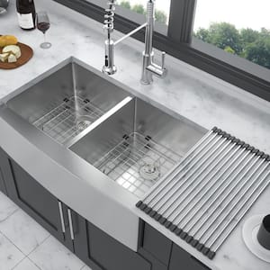 33 in. Farmhouse Double Bowl (50/50) 16-Gauge Brushed Nickel Stainless Steel Kitchen Sink with Bottom Grids