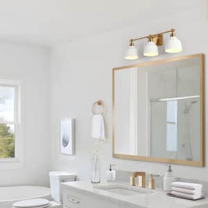 22 in. 3-Light Modern White Vanity Light with Plating Gold Rectangle Backplate and Bell Metal Shade for Bathroom