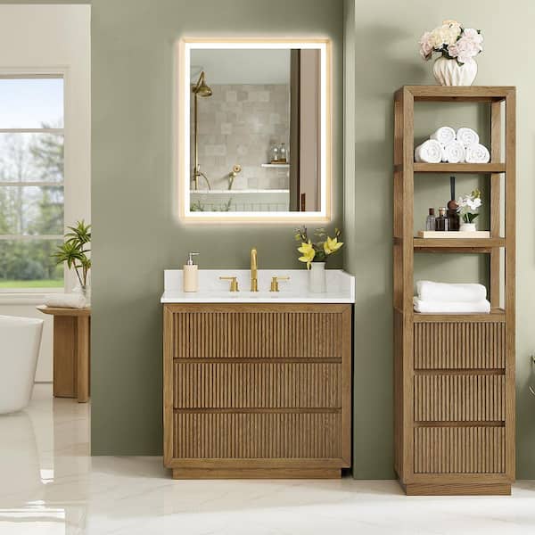 Navan 36 in. Single Freestanding Weathered Brown Bath Vanity with Grain White Engineered Stone Top Assembled