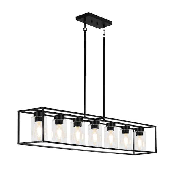 Modern Elegance 7 Light Black Metal Black Clear Glass Chandelier Rectangular for Dining Room with no bulbs included