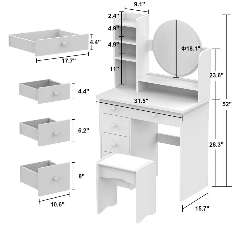 5-Drawers Pink Makeup Vanity Dressing Table Set with Stool, Mirror and Storage Shelves Girls Dressing Table - thumbnail 8