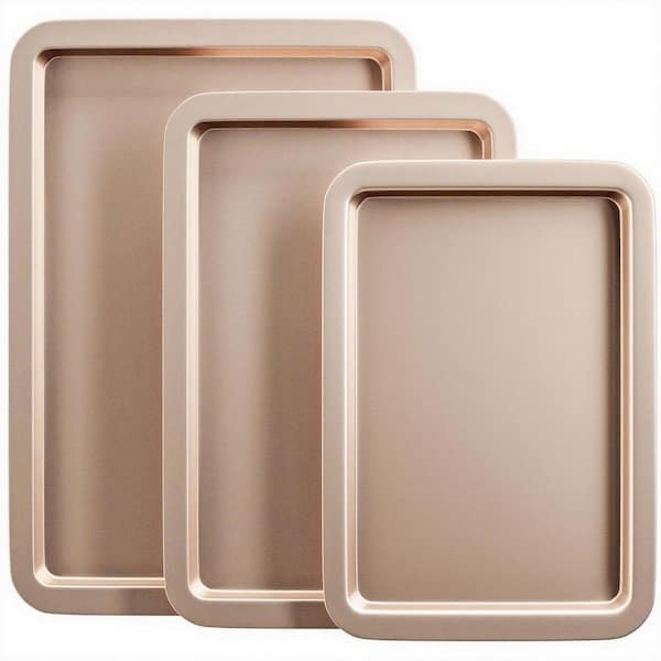 3-Piece Nonstick Ceramic Champagne Gold Baking Sheet Pan Set with Wider Grips, Oven Safe up to 450℉, for Cookies, Bread