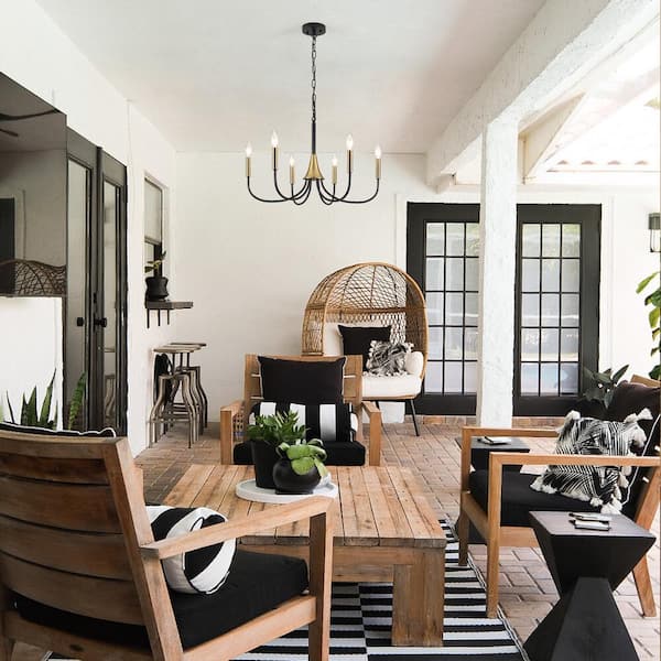 6-Light Black and Brass Modern Hanging Linear Candlestick Chandelier Light Fixture for Kitchen Island