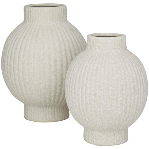 11 in., 9 in. White Ribbed Ceramic Decorative Vase (Set of 2)
