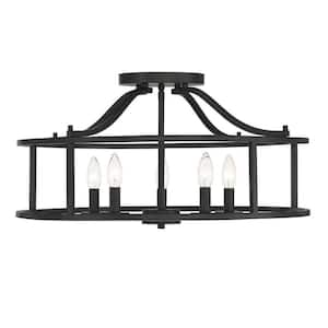 Stockton Large 24 in. W x 12 in. H 5-Light Matte Black Semi-Flush Mount with Open Drum Shaped Metal Frame