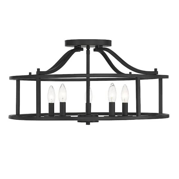 Savoy House Stockton Large 24 in. W x 12 in. H 5-Light Matte Black Semi-Flush Mount with Open Drum Shaped Metal Frame