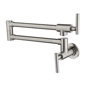 Commercial Wall Mounted Pot Filler Double-Handle Folding Kitchen Faucet Brass Swing Arm Modern Taps in Brushed Nickel