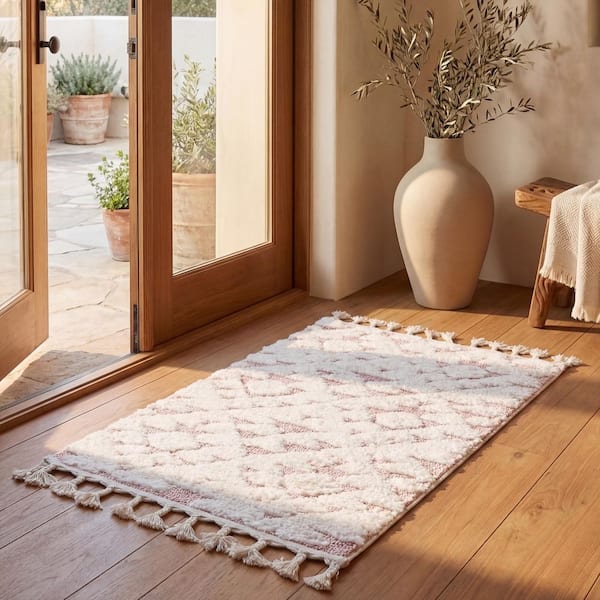 Moroccan Tassel Shag 3 ft. x 3 ft. Square Ivory/Pink High-Low Geometric Fringe Area Rug
