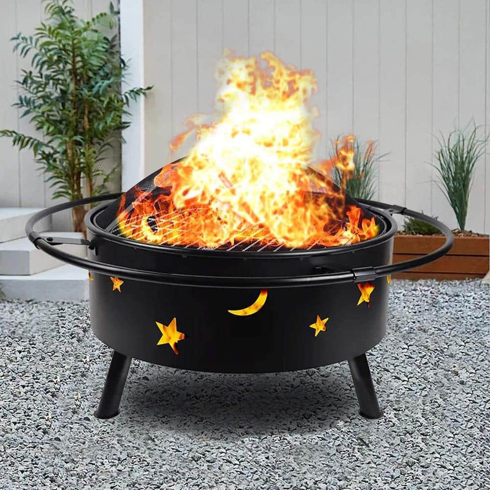 WESTIN OUTDOOR Mystical Star and Moon Carved Outdoor Wood Burning Round Steel Fire Pit Grill with Poker in Black