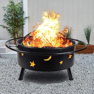 Mystical Star and Moon Carved Outdoor Wood Burning Round Steel Fire Pit Grill with Poker in Black