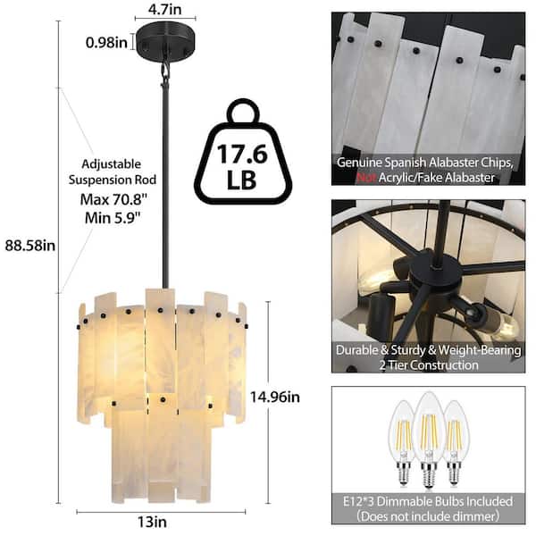 13 in. 3-Light Black Dimmable Kitchen Island Pendant Light with 2-Tier Alabaster Shade for Dining Room, Living Room