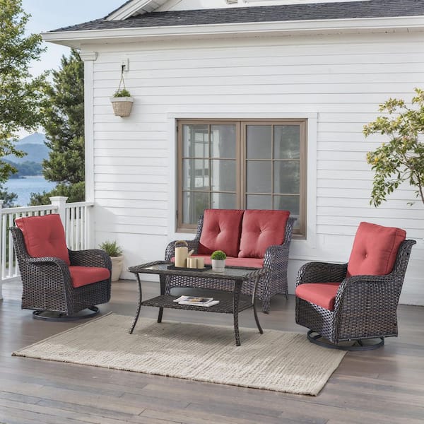 4-Piece Brown Wicker Patio Conversation Set with Olefin Red Cushions and Swivel Glider Chairs/Loveseat