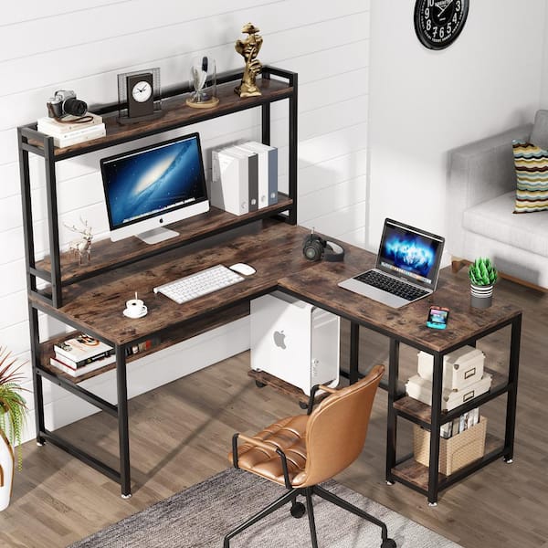 Rustic Brown Corner Gaming Desk with Monitor   L-Shaped Computer Office Desk 