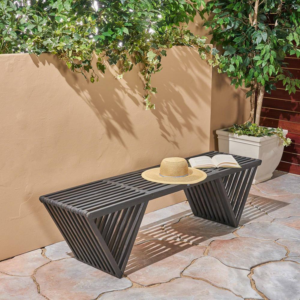 Dark Gray Acacia Wood Outdoor Bench with Slat Design