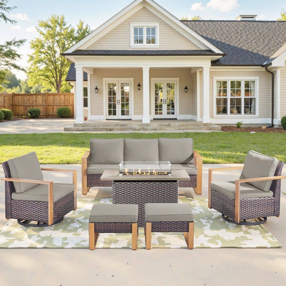 Bellefurn Kove Brown 6-Piece Wicker Patio Conversation Fire