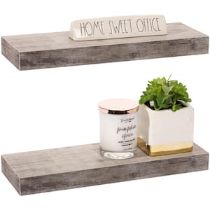 5.5 in. x 16 in. x 1.5 in. Rustic Gray Distressed Wood Decorative Wall Shelves with Brackets (2-Pack)