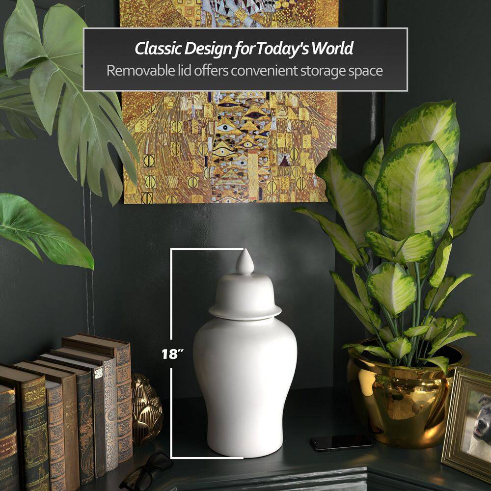 18" Glossy White Porcelain Temple Jar