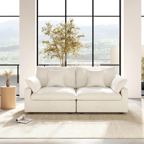 Modular 83 in. Plush Linen 2-Seater Removable Cushion Loveseat Cloud Sofa with Detachable Covers in White for Office