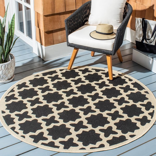 Courtyard Black/Beige 8 ft. x 8 ft. Round Geometric Indoor/Outdoor Patio  Area Rug