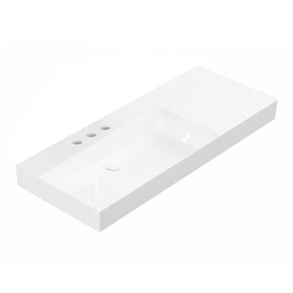 WS Bath Collections Energy 90 Wall Mount or Vessel Rectangular Bathroom Sink in Glossy White with 3 Faucet Holes