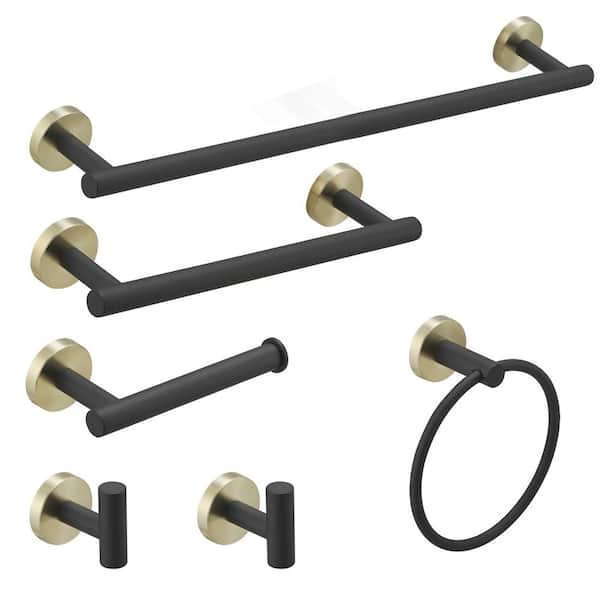 BWE 6-Piece Bath Hardware Set with Towel Ring Toilet Paper Holder Towel Hook Towel Bar Included Wall Mount in Gold Black