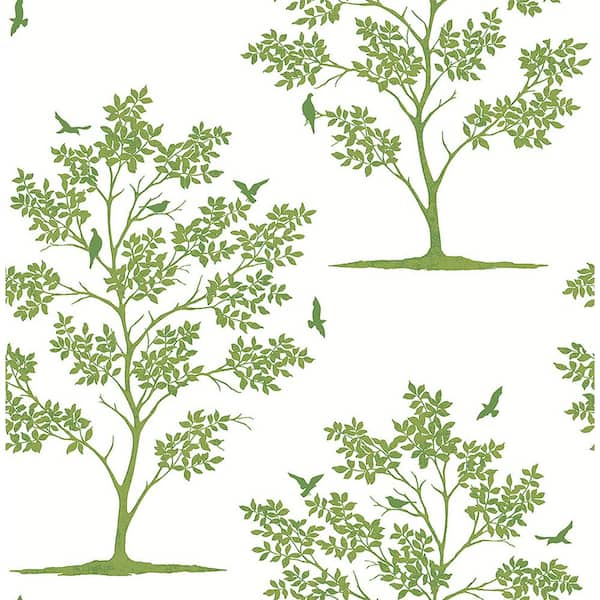Brewster Woodland Green Trees & Birds Green Wallpaper Sample