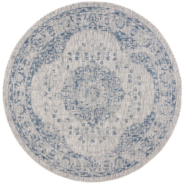 SAFAVIEH Courtyard Gray/Navy 7 ft. x 7 ft. Round Geometric Indoor/Outdoor Patio  Area Rug