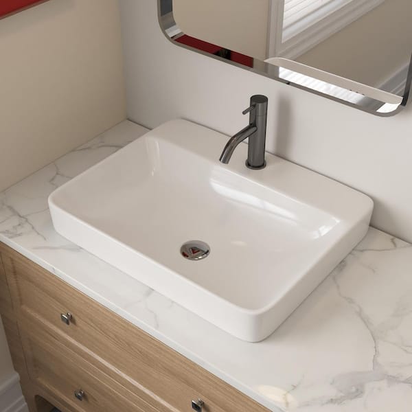 23.8 in. L x 19 in. W Rectanglar Ceramic Bathroom Semi Recessed Vessel Sink in White with Single Faucet Hole