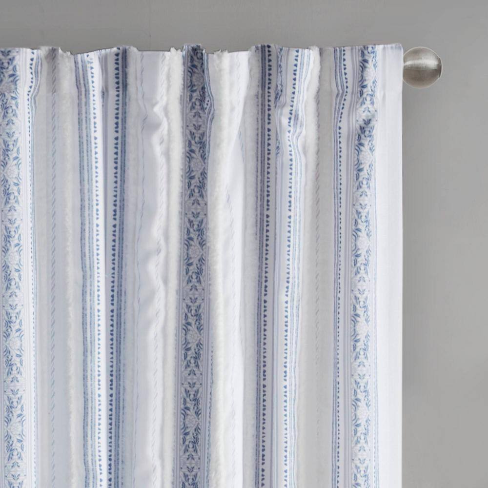 Navy and White Velvet Polyester Boho-Chic Light Filtering Curtain Panel