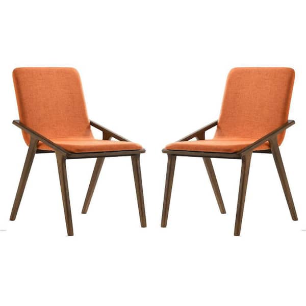 Benjara Modern Orange and Brown Solid Wood and Fabric Solid Back Dining Chair (Set of 2)
