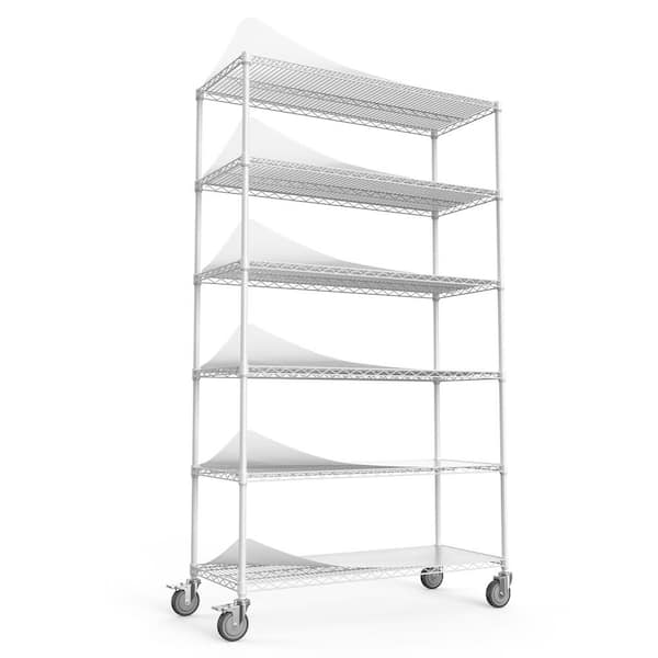 6-Tier White Wire Shelving Unit with Wheels, Holds 6,000 Lbs (19.96in*47.71in*83.07in)