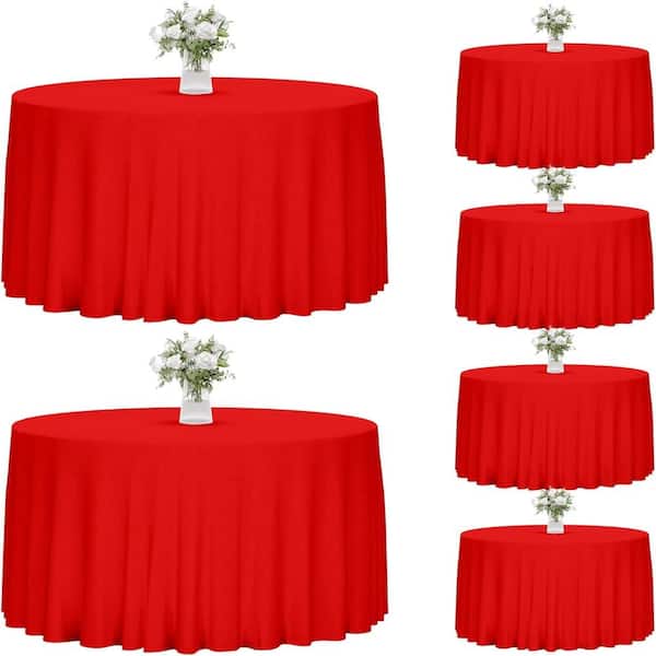 6 Pack 120in Round Red Polyester Tablecloths, Washable Reusable Party Table Covers